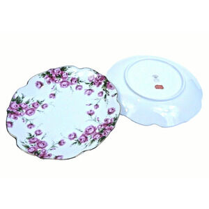 Lefton Scalloped Hand Painted Snack Plates Pink Rose w Gold Trim 7.5" Set of 2